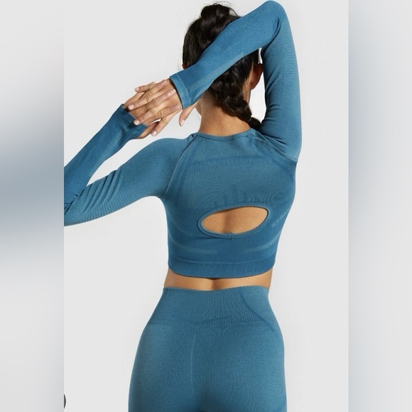 GymShark Geo Ombre Seamless Long Sleeved Crop Top Teal Small - Picture 1 of 7